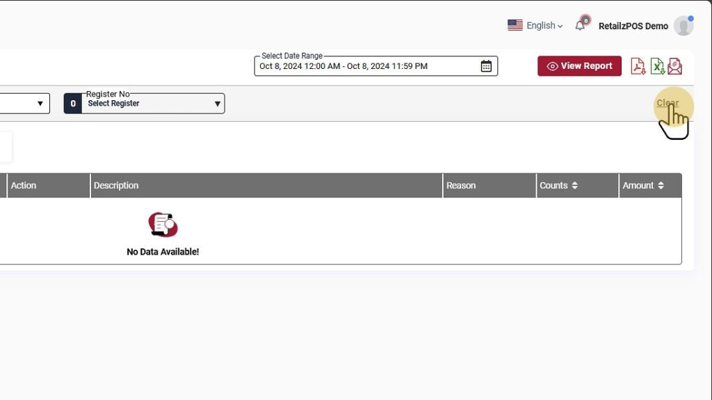Action Log Report Back Office Clear Button