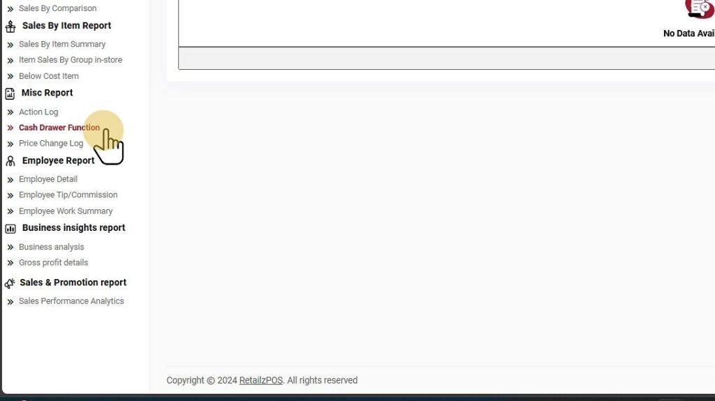 Select Cash Drawer Function Report Back office