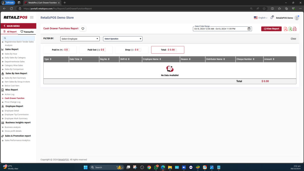 Cash Drawer Function Report