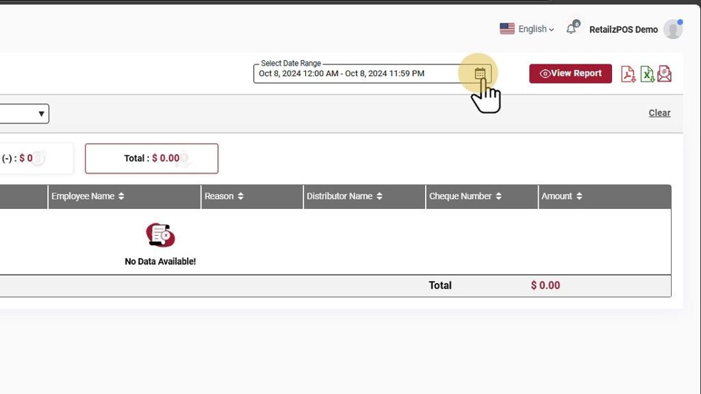 Cash Drawer Function Report Back office Date Filter