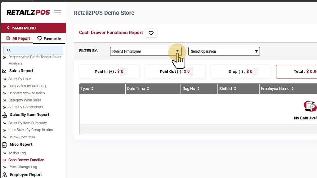 Cash Drawer Function Report Back office Filter Employee