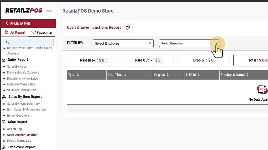 Cash Drawer Function Report Back office Filter Operation