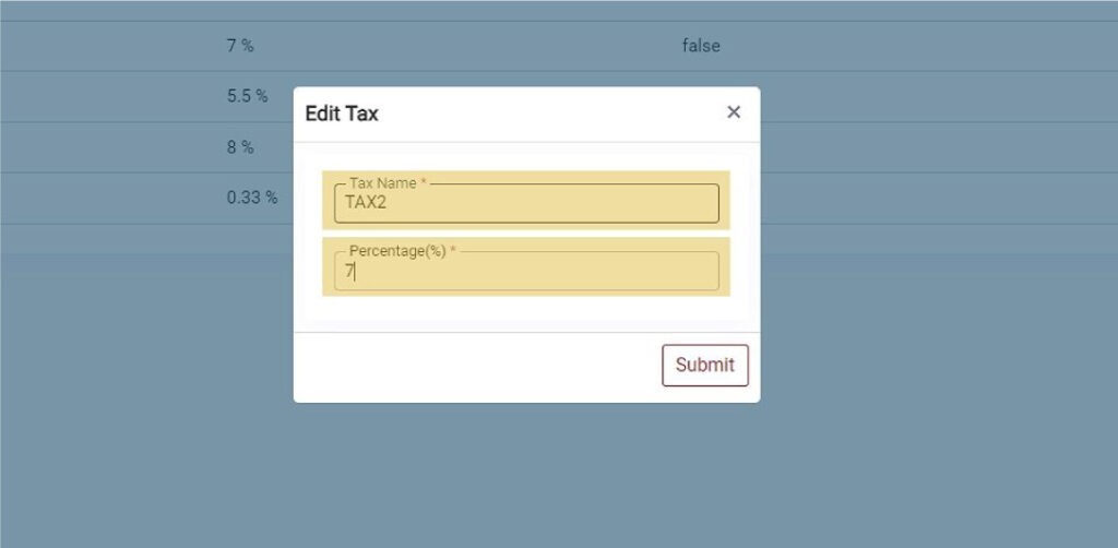 Edit tax by inputing name and percentage