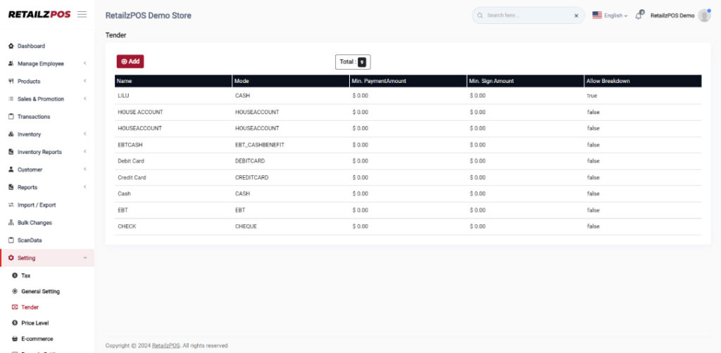 Tender Setting BackOffice