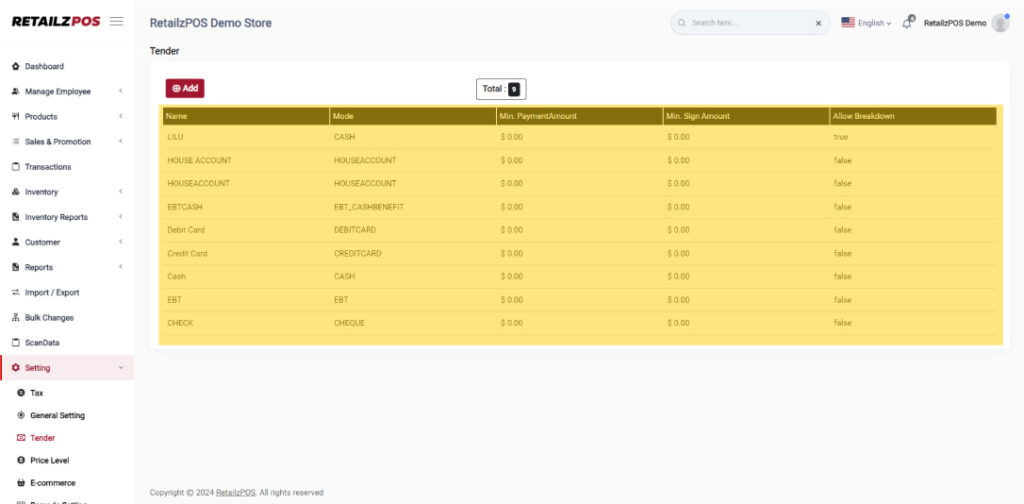 List of Payment tenders