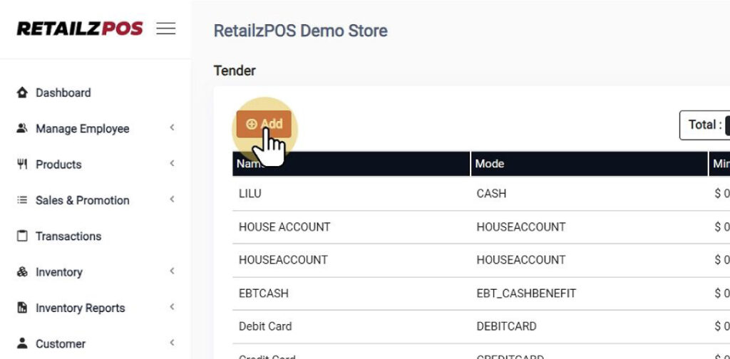 Click Add Tender Button