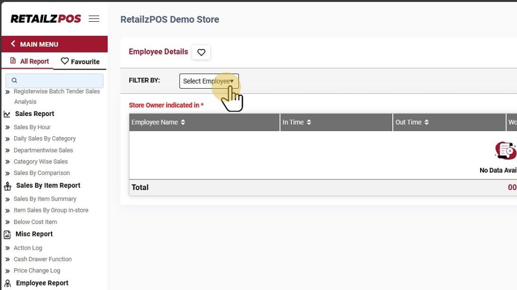 Employe Detail Report Backoffice filter by Employee