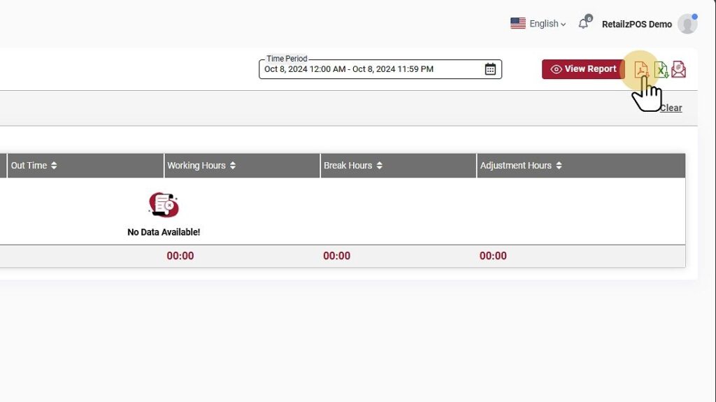 Employe Detail Report Backoffice excel, pdf, email buttons