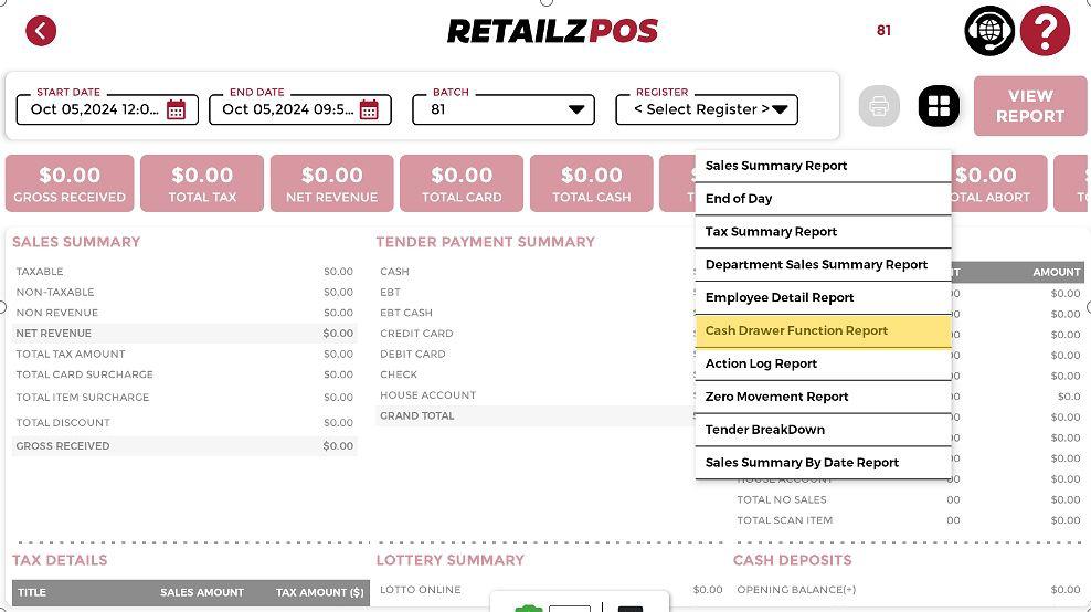 Cash Drawer Function Report POS