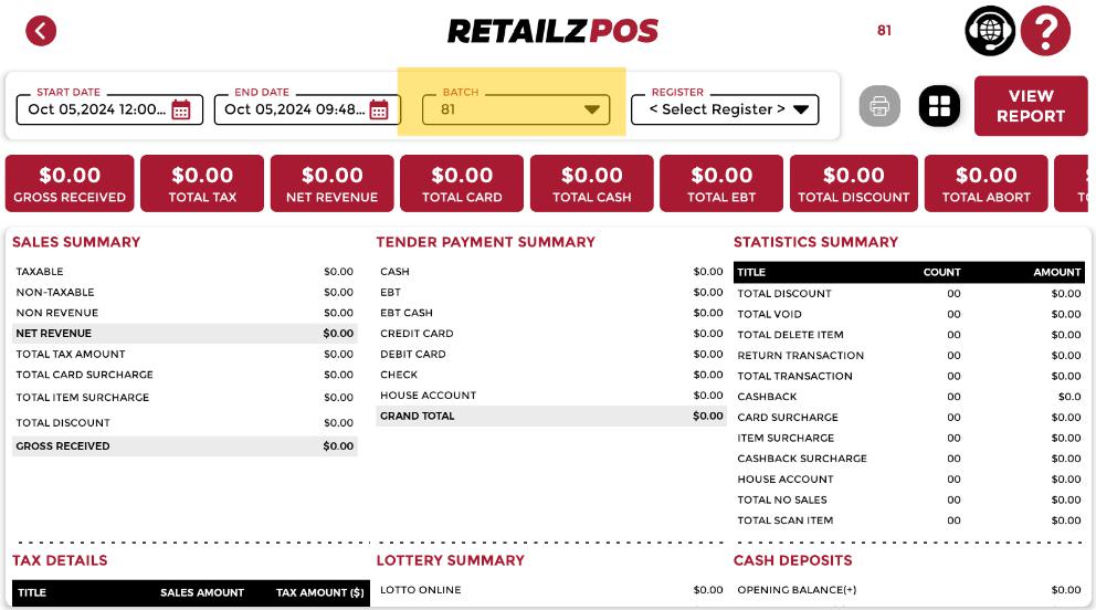 Sales Summary report POS filter batch