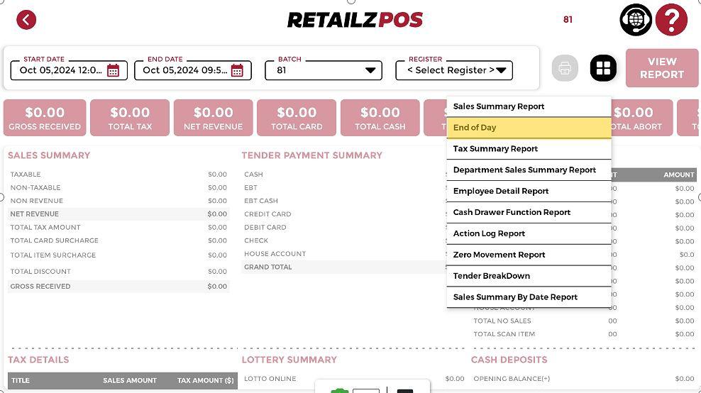 End of the day report POS