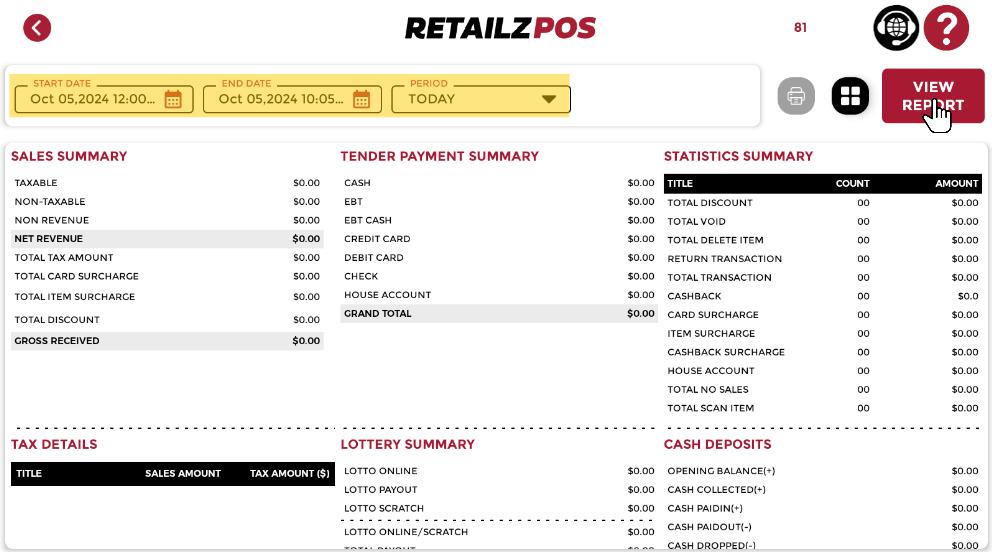 End of the day report POS filter