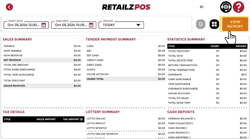 End of the day report POS view report