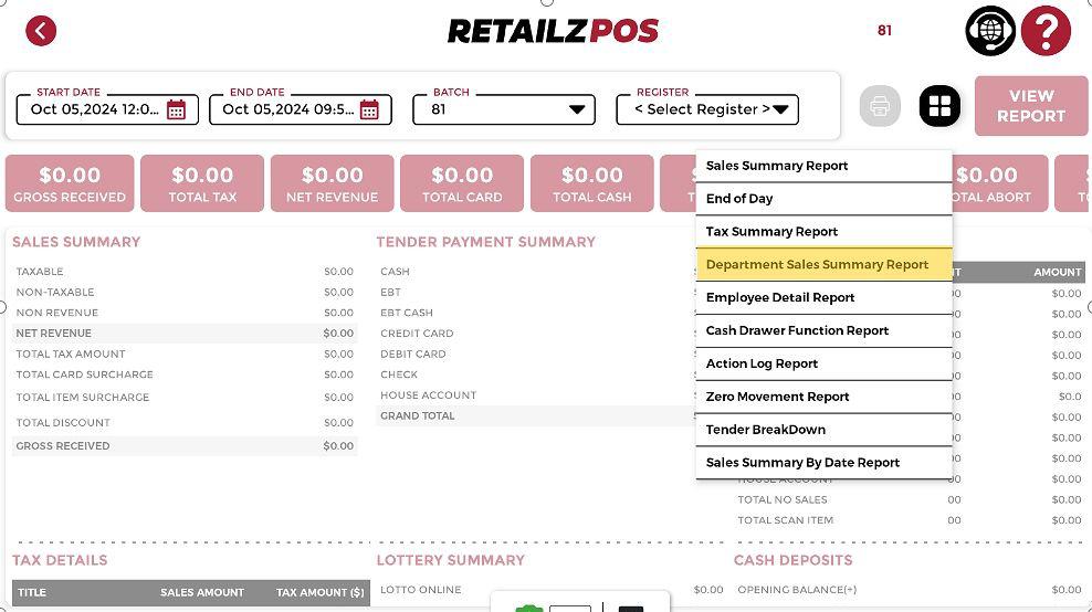 Department Sales Summary Report POS