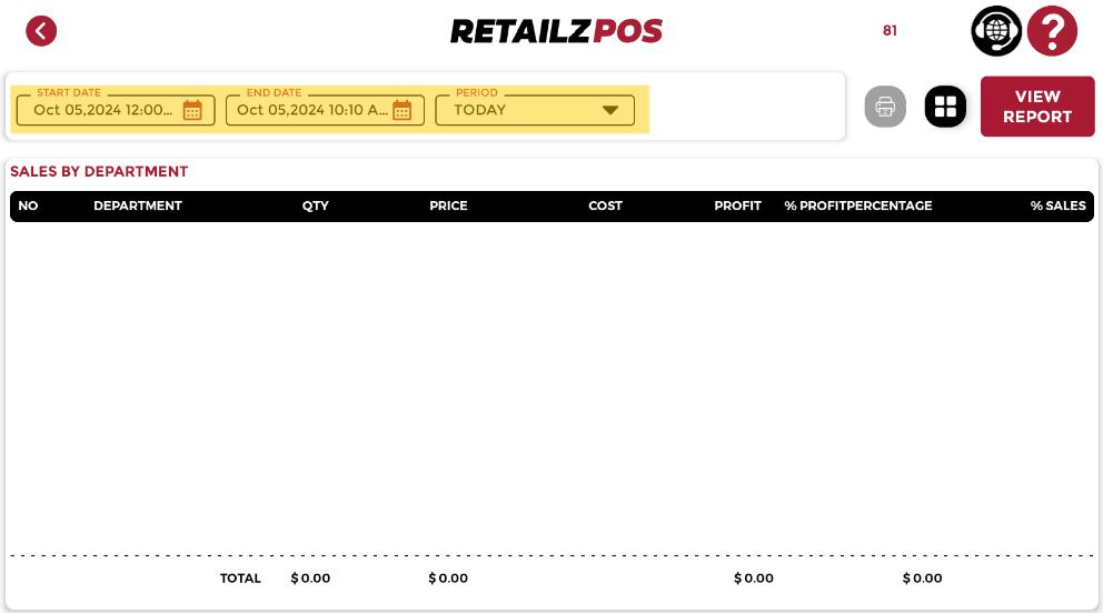 Department Sales Summary Report POS filter