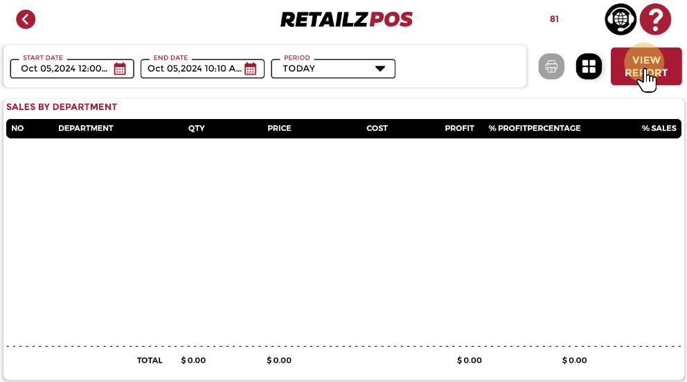 Department Sales Summary Report POS view