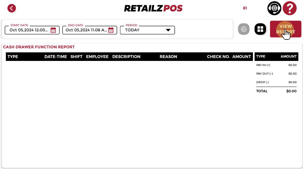 Cash Drawer Function view Report